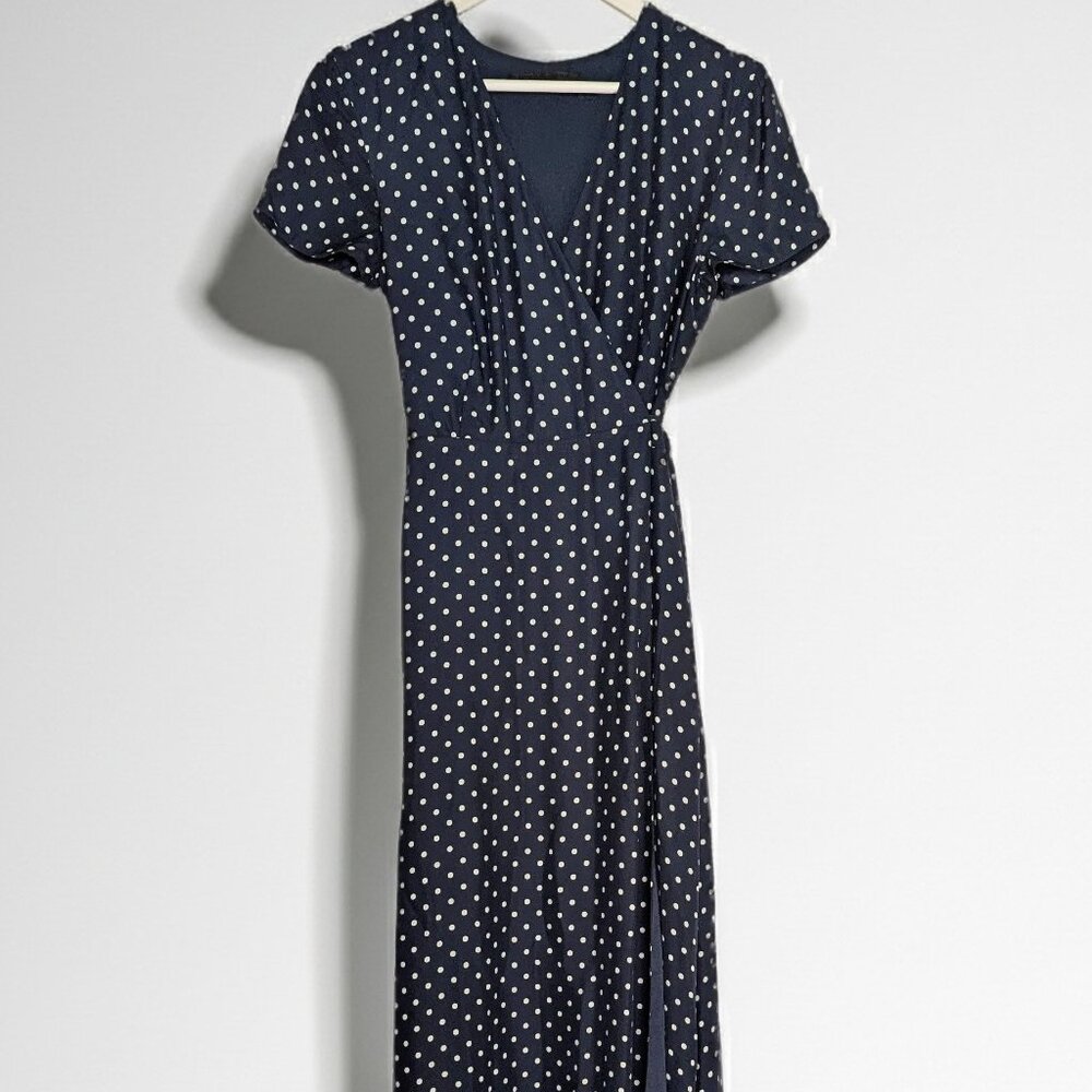 Jenni Kayne Silk Polka Dot Wrap Dress Navy & Cream Charmeuse Tea-Length Size S